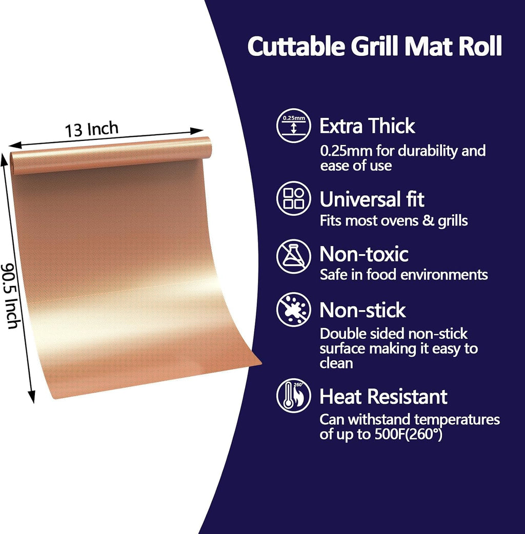 Copper Non-Stick Reusable Grill Mat Roll 13x90 Inch