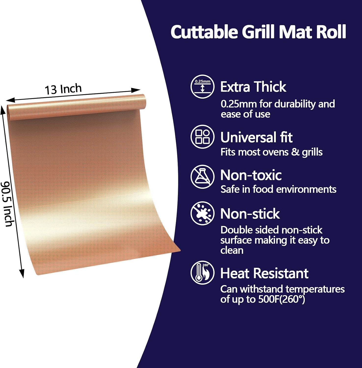 Copper Non-Stick Reusable Grill Mat Roll 13x90 Inch