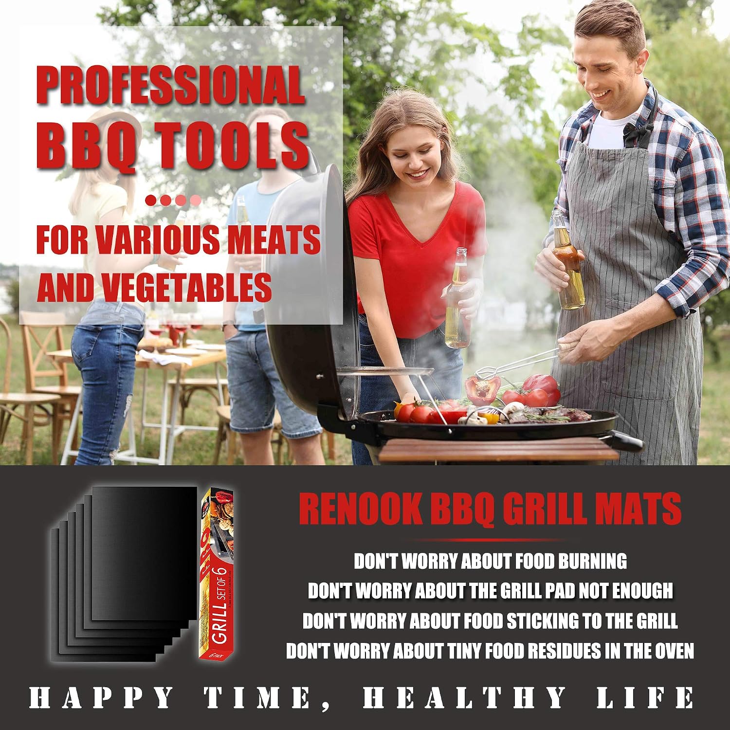 Black Non-Stick Reusable Grill Mats Set of 6